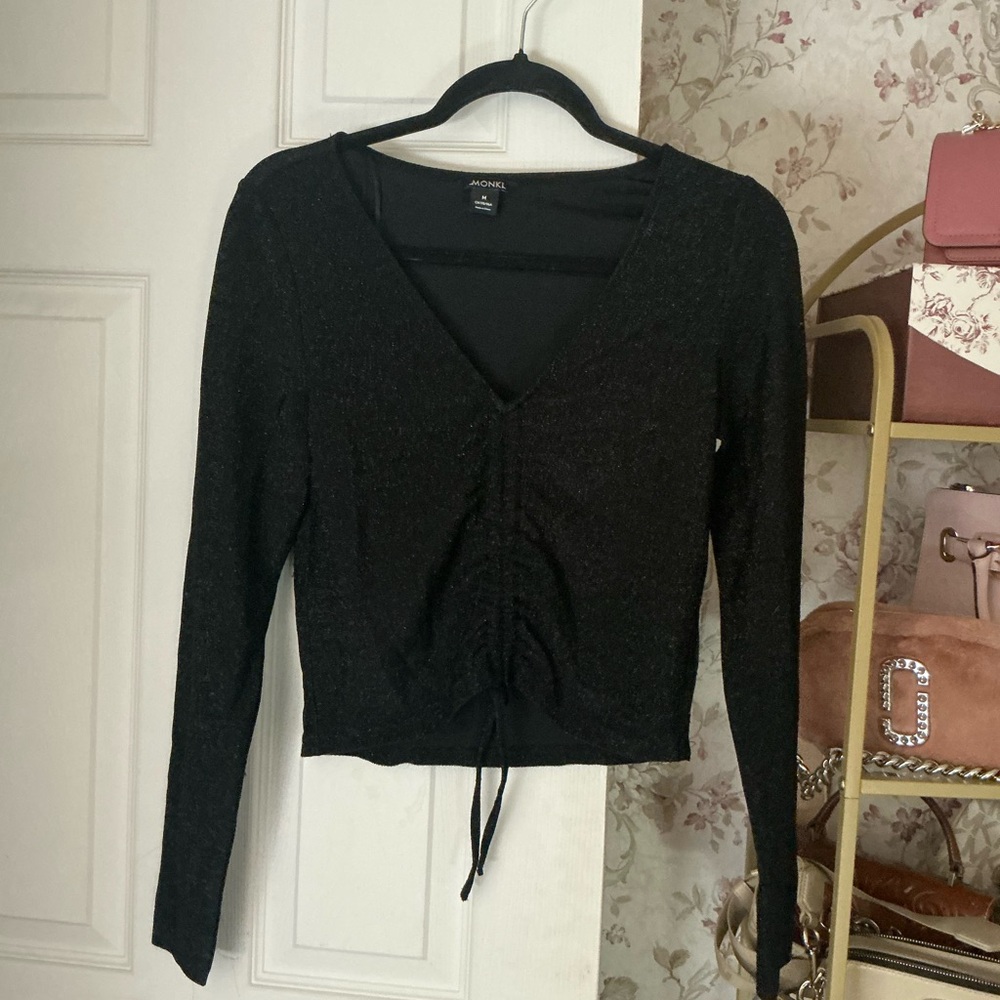 MONKI Black Long Sleeve V-Neck Top